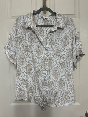 For The Republic Beige White Linen Rayon Button Down Lightweight Beachy Top M L